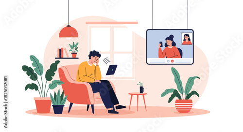 Man sitting in a chair at home having an online video consultation with a professional therapist on a tablet screen.