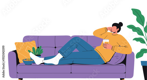 Young woman relaxing on a purple sofa with a drink and snacks while lounging comfortably in a peaceful home setting.