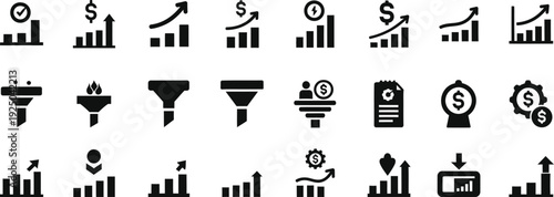 Financial Data Growth Chart and Sales Funnel Icon Set for Business Analysis