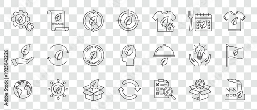 Eco-Friendly and Organic Line Icons Set Sustainable Nature, Green Environment, Recycle and Renewable Outline Vector Collection