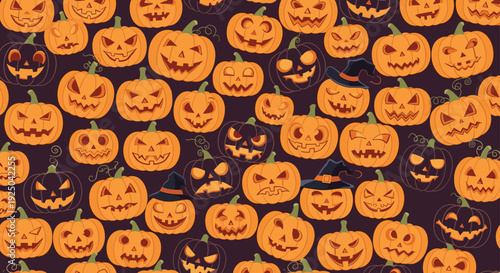 Seamless background pattern filled with many different hand drawn jack o lanterns for halloween celebration and decor.