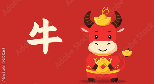 Red ox character wearing traditional chinese clothing holding a golden coin for lunar new year celebration background.