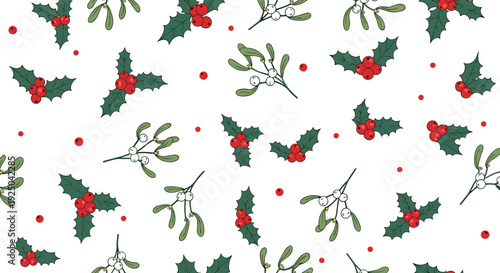 Seamless christmas pattern with hand drawn mistletoe branches red holly berries and green leaves on white background.