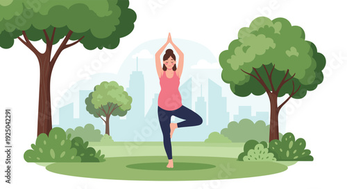 Pregnant woman practicing yoga tree pose in a beautiful green park with city skyline in the distant background.