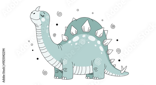 Cute blue dinosaur character with spikes on its back sitting and smiling in a simple hand drawn doodle style.