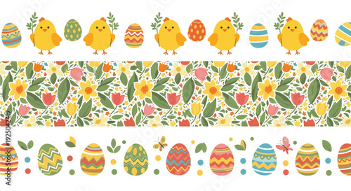 Horizontal seamless borders for easter celebration with cute chicks flowers leaves and colorful decorated eggs.