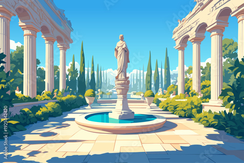 Cartoon beautiful garden with ancient Greek arches, fountain and statues, cypress trees, greenery, bushes, old, beautiful, tourism, sky, summer, day, columns, old, history, vases, vector illustration