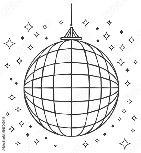 Vintage style disco ball line art doodle illustration with shining stars