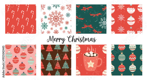 Collection of eight festive christmas patterns with candy canes snowflakes trees ornaments and a holiday message.
