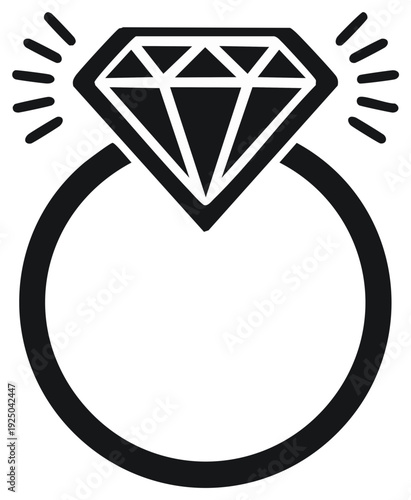 Iconic engagement ring with large diamond, simple black and white line art illustration for love and commitment concepts.