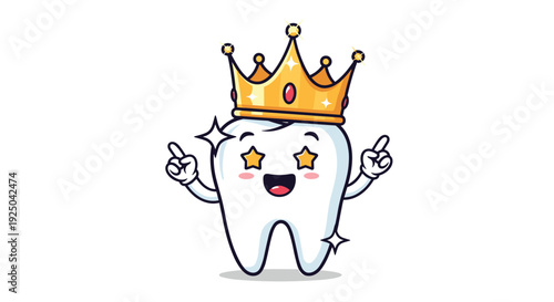 Cheerful tooth character wearing a royal golden crown with star eyes and pointing up proudly with both hands.