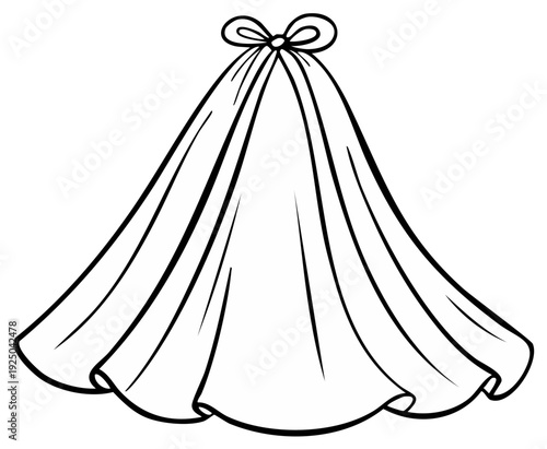 Elegant fabric draped with a tied bow, outline drawing, vector illustration, isolated on white background.