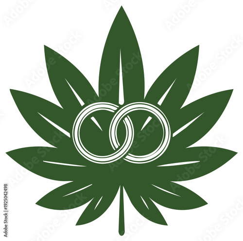 Wedding Rings Symbol on Green Cannabis Leaf for Legal Marriage Celebration