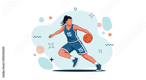 Athletic female basketball player in a blue uniform dribbling a ball on an abstract dynamic background.