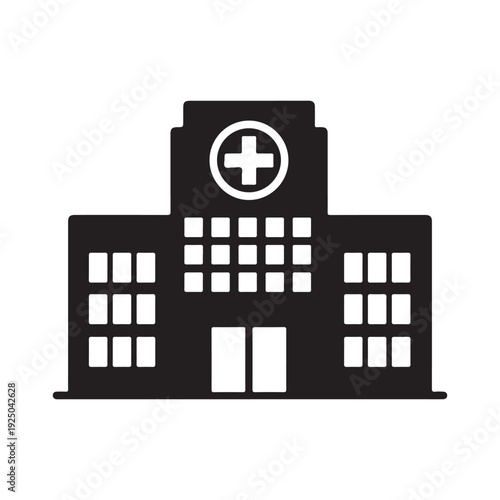 Medical building icon hospital symbol healthcare architecture  a black and white icon of a hospital building with a medical cross