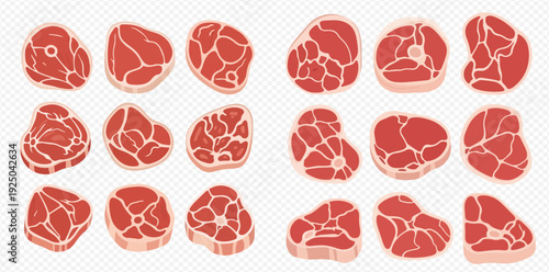 Set of fresh raw meat steaks, beef and pork cuts with fat marbling, isolated vector illustration.