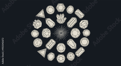 Circular arrangement of various diamond and gemstone sketches on a dark background for jewelry design themes.