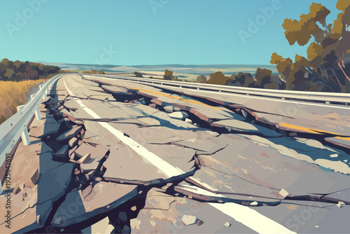 Cartoon destroyed road outside the city on a clear summer day, pieces of asphalt, trees and bushes, natural disaster, earthquake, hurricane, vector illustration