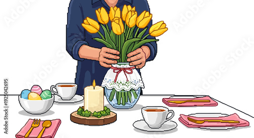 A person arranging yellow tulips in a vase on a dining table with colorful eggs, a candle, and tea cups in flat modern vector style, perfect for spring celebrations and home decor