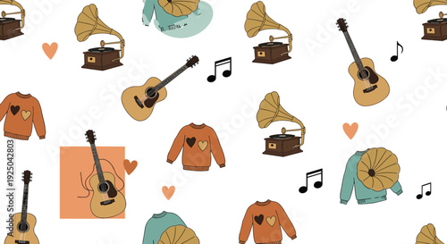 Seamless pattern with vintage gramophones acoustic guitars sweaters and hearts in a cozy and warm color palette.