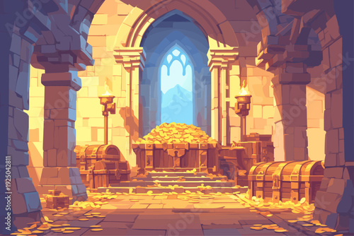 Cartoon interior of the royal treasury in the castle with chests of gold, arches, torches, palace, tower, coins, wealth, Middle Ages, background, stone, beautiful, vector illustration