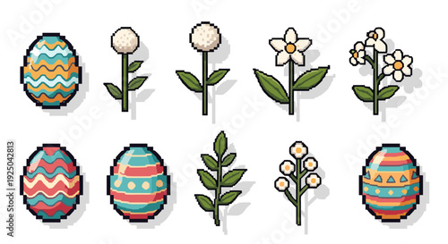 A collection of colorful pixel art Easter eggs and spring flowers in vibrant vector style, ideal for holiday decorations and crafts