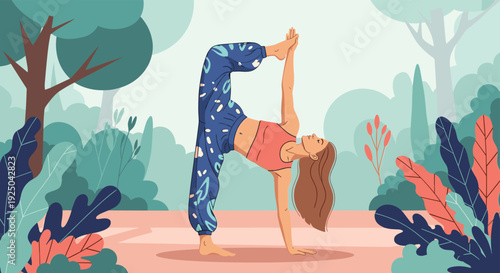Woman performing a complex yoga pose outdoors in a lush green forest or park setting for health and wellness.