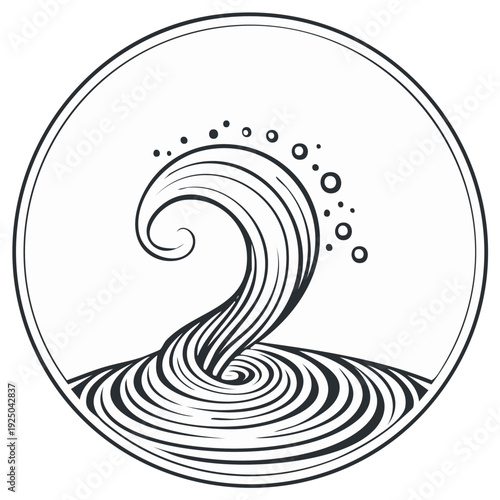 Stylized ocean wave line art illustration in a circular frame with swirling water and bubbles design