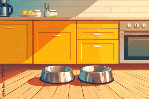 Cartoon kitchen interior with two dog bowls, kitchen furniture, stove, coffee pot and equipment, home interior, metal bowls, stove, feeding dog, vector illustration