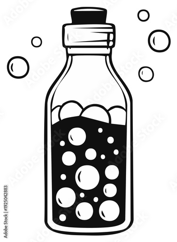 Cartoon bottle with bubbly liquid and floating spheres