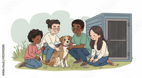 Diverse group of four friends sitting with a dog outdoors near a shed