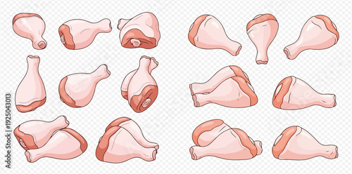 Raw chicken drumsticks and thighs set, fresh poultry meat parts for cooking, isolated on transparent background.