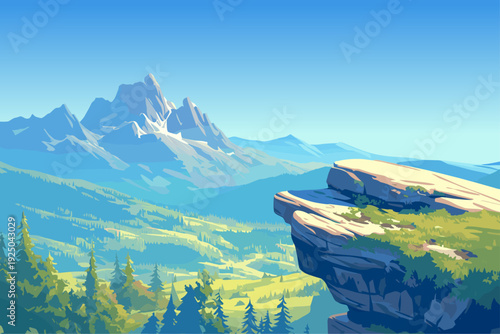Cartoon rock ledge against the backdrop of a valley with a mountain range on the horizon, spruce forest, travel, nature concept, beautiful, summer, day, sky, rocks, vector illustration