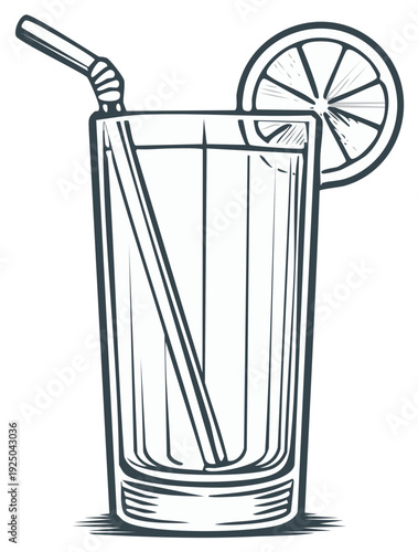 Hand-drawn tall glass of orange juice with straw and citrus garnish illustration in outline style