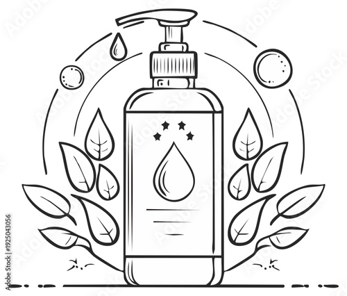 Hand drawn bottle of lotion or liquid soap with leaves and water drop - black and white outline illustration.