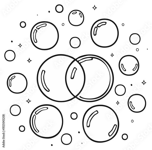 Line Art Drawing of Floating Soap Bubbles and Sparkling Circles Pattern