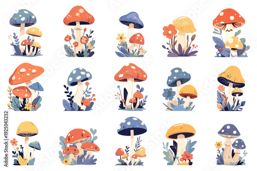 Cartoon set of poisonous and non-poisonous mushrooms, decorated with flowers and plants, fly agarics, different colors, leaves and berries, elements of nature, abstract colors, vector illustration
