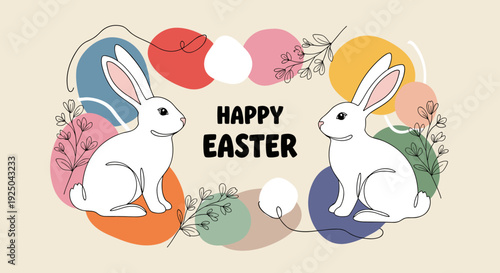 A pair of cheerful rabbits surrounded by colorful shapes and flowers in a modern vector style, ideal for Easter decorations and greetings