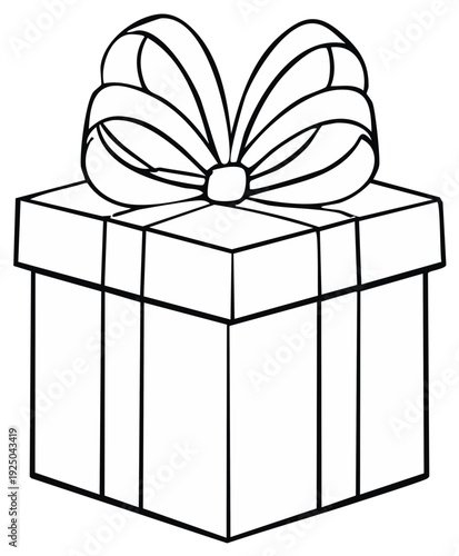 Black and white illustration of a gift box with a large bow perfect for presents and special occasions