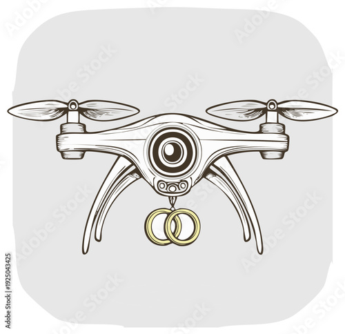 Drone with wedding rings illustration. Aerial photography or videography for wedding.