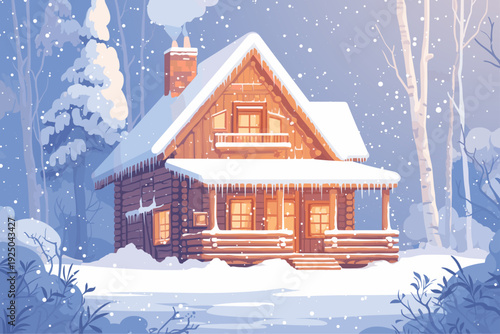Cartoon wooden snow-covered house in the forest in winter during snowfall, smoking chimney, evening, burning windows, snow-covered clearing, snowfall, wooden porch, cozy housing, vector illustration