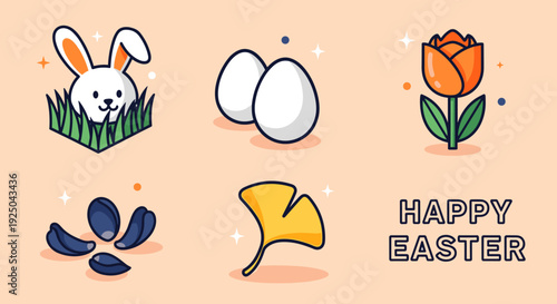 A collection of Easter-themed icons featuring a bunny, eggs, a flower, and festive text in colorful flat vector style, perfect for holiday designs