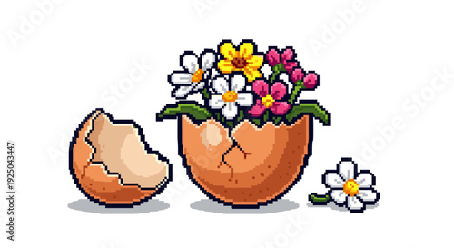 A cracked egg shell filled with colorful flowers in pixel art style, perfect for spring-themed designs and decorations