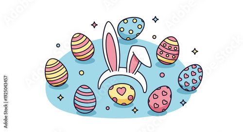 A cute bunny head with large ears surrounded by colorful decorated Easter eggs in a playful cartoon vector style, ideal for spring holiday designs