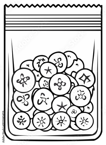 Black and White Line Art Illustration of Blueberries in a Plastic Bag, Detailed Food Illustration
