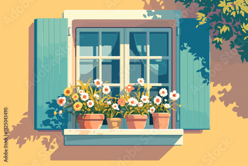 Cartoon yellow wall with a window with flowers, cozy background, old house, blue shutters, curtains on the windows, a tree nearby, vector illustration