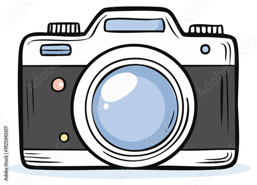 Hand Drawn Retro Camera Icon with Reflective Lens and Buttons