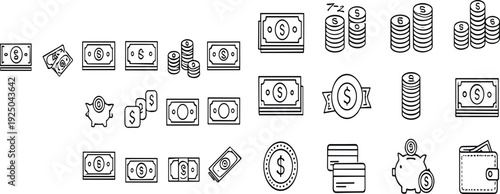 Money Cash and Coin Line Icons Set Currency Banking Outline Vector Collection Financial Symbols Pack