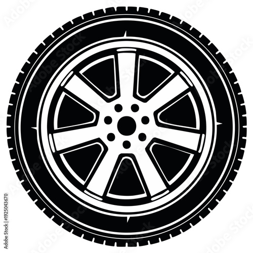 Close up black and white vector illustration of a car wheel with tire and alloy rim