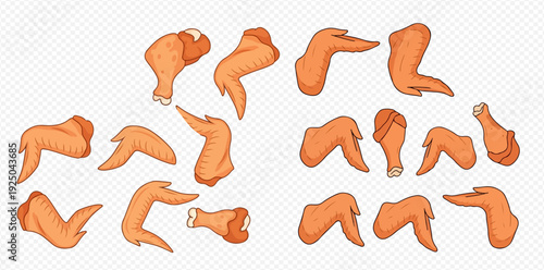 Set of cartoon chicken wings and drumsticks for cooking and food design.
